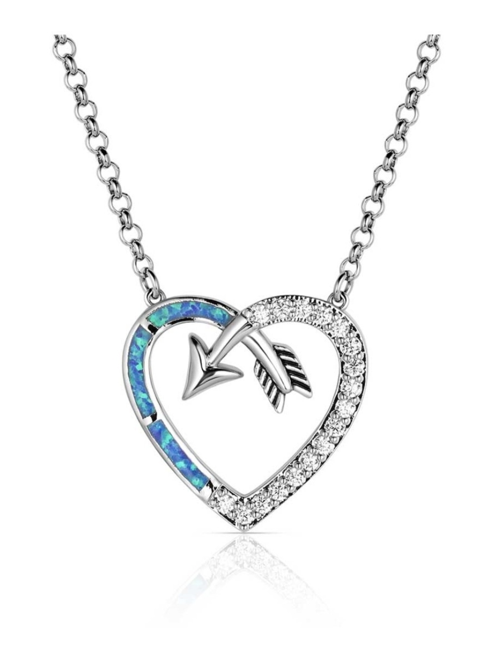 Montana West Silver Heart Necklace with Blue Opal and Crystal Arrow
